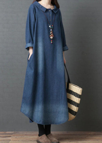 Women's Loose Denim Maxi Dress with Collar and Buttons | Ideal for Summer