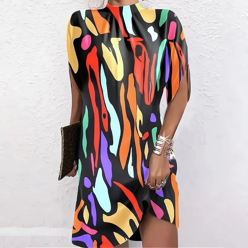 Women's Multicolored Stand Collar Party Dress with Short Sleeve | Ideal for Summer